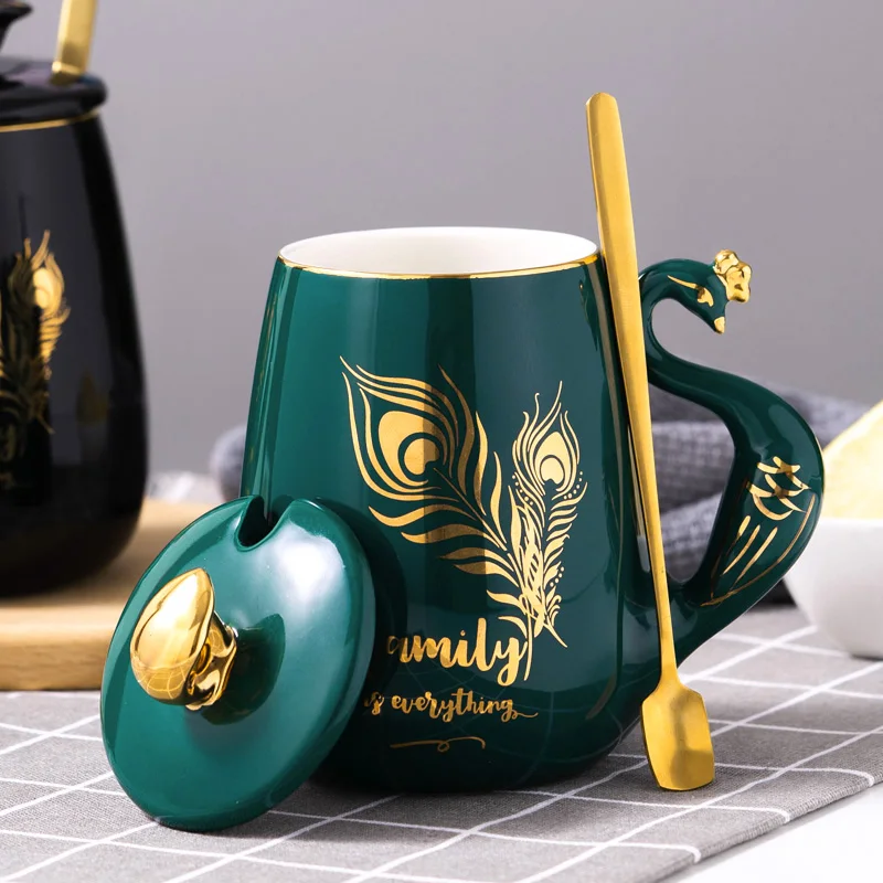 

1 Set New Peacock Cup with Spoon Lid Travel Coffee Mug Water Bottle 450ml Friend Birthday Valentine's Day Best Gift