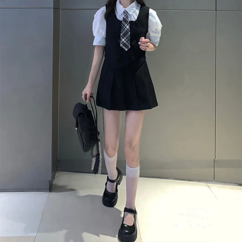

Black School Girl Uniform 2021 Summer Puff Sleeve Vintage Party Mini Skirts Female Japanese Style Fashion 4Pcs Set Gothic New