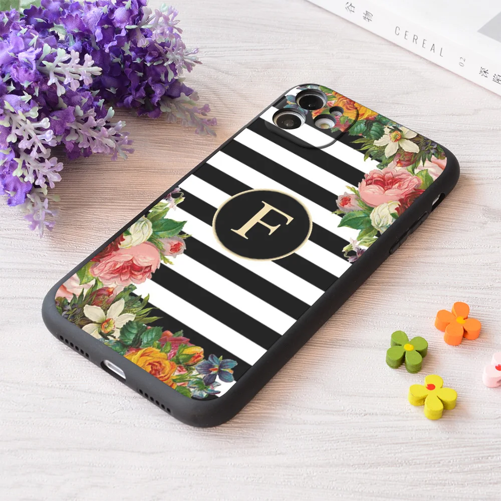 

For iPhone Monogram F On Vintage Flowers And Black And White Stripes Print Soft Matt Apple Case