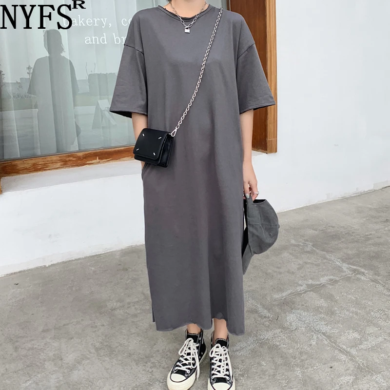 

NYFS 2021 Summer Dress New Korean Loose Woman Dress Vestidos Robe Elbise Fashion Short sleeve Solid Hem Slit Long Dress