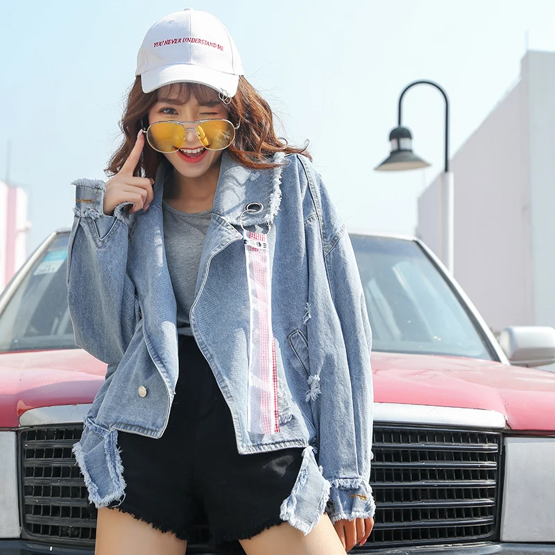 Синий BF оверсайз Harajuku джинсовые куртки для женщин 2020 Весна уличная рваная
