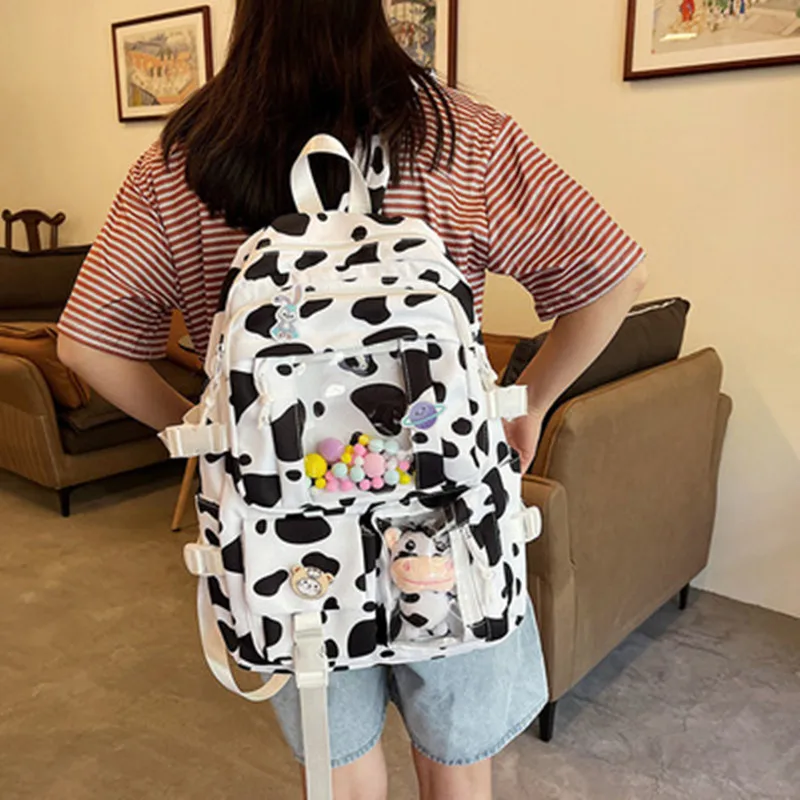 

Korean version Lovely Cow Spotted Women school bag Female printing Multi-function Travel Bag Transparent Outdoor travel backpack