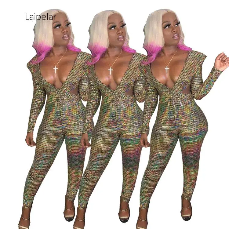 Золотой сексуальный цельный костюм комбинезон с блестками осень 2020 длинный