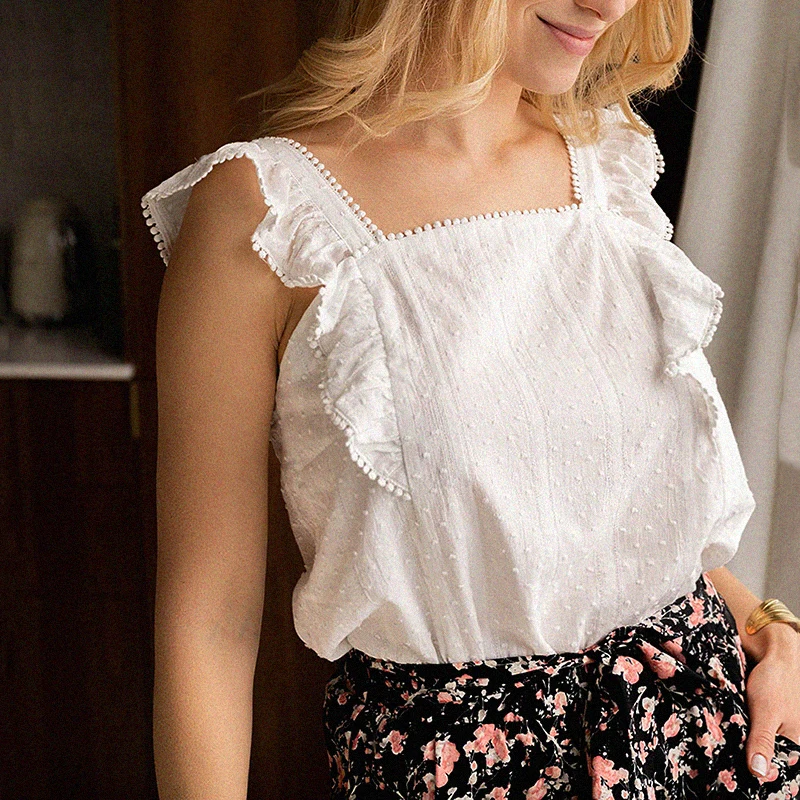 

Straps Ruffled Embroidered Shirt Summer Square Collar Lace Patchwork Sleeveless Shirts Tops Vintage Chic Woman Holiday Blouse