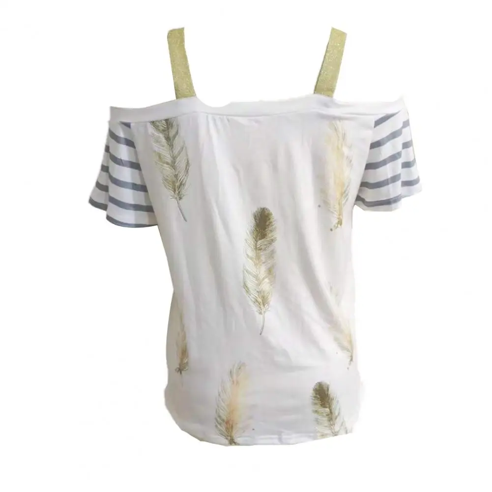 

Women Summer T-shirt 2021 Blouse Feather Print V Neck Summer Hollow Out Shoulder Patchwork T-shirt for Party