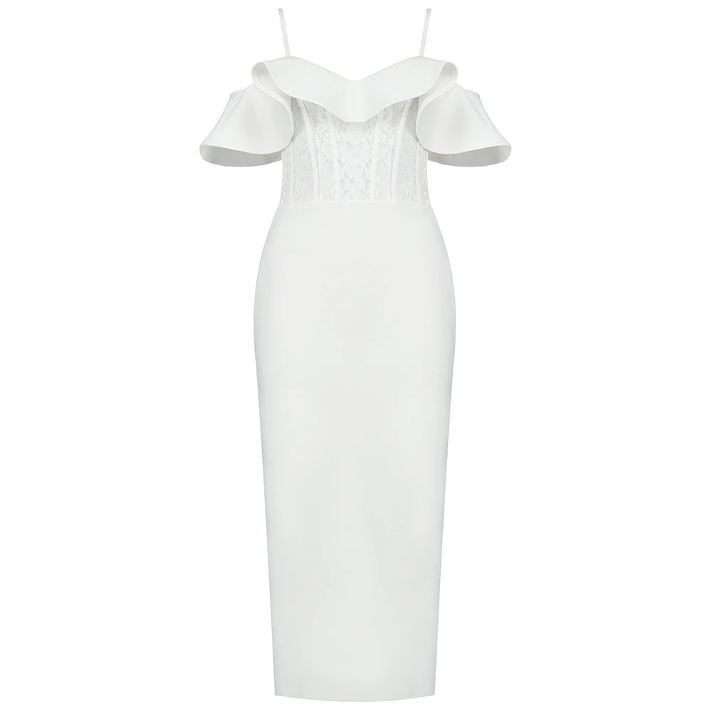 Женское осеннее сексуальное кружевное Белое Облегающее Бандажное платье миди с