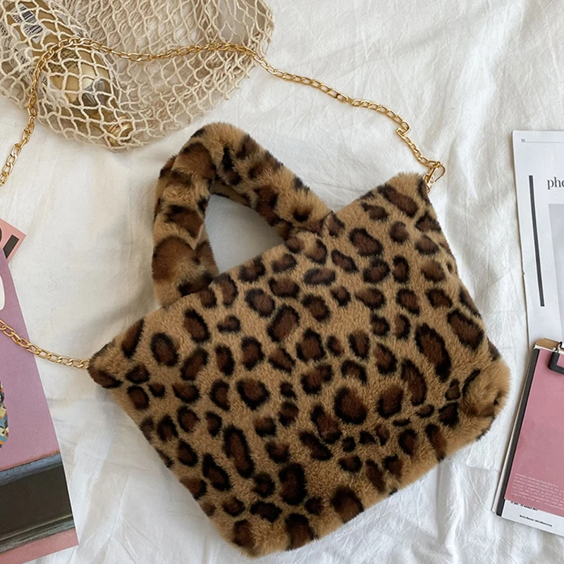 

Women Leopard Plush Shoulder Crossbody Bag Tote Chain Satchel Winter Purse