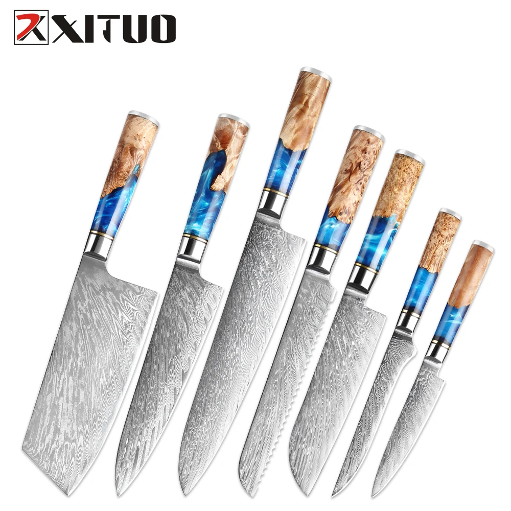 XITUO-cuchillo de cocina profesional, utensilio de acero damasco japonés VG10, de resina azul Premium y mango de madera de color, herramientas de cocina