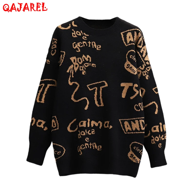 

Женский трикотажный свитер с надписью, Черный Повседневный Трикотажный Хлопковый пуловер в Корейском стиле, Осень-зима 2023