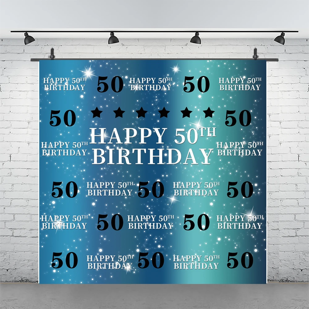 Blue 50th Photography Backdrop Women Men Happy Birthday Party Balloon Photo Background Prop Booth Decoration