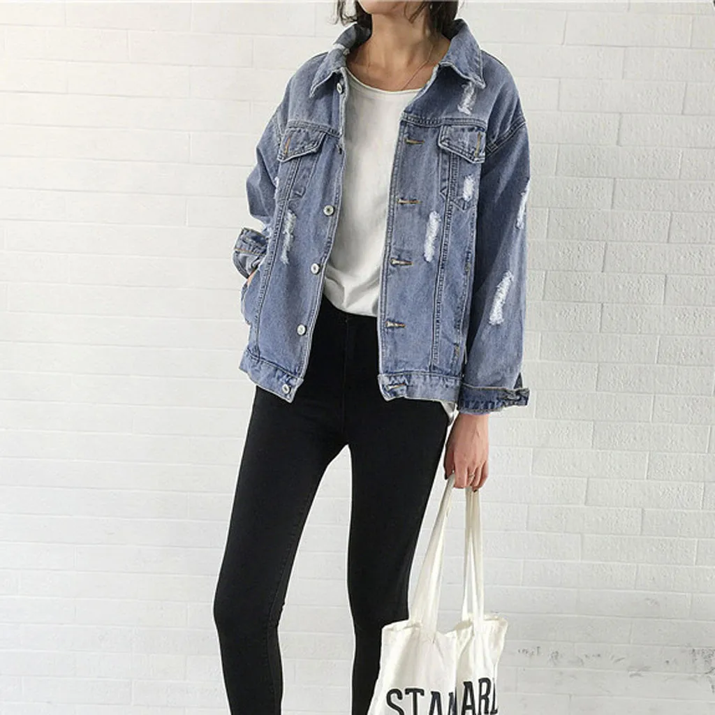 Женская куртка модная женская Свободная джинсовая в стиле бойфренд с отложным