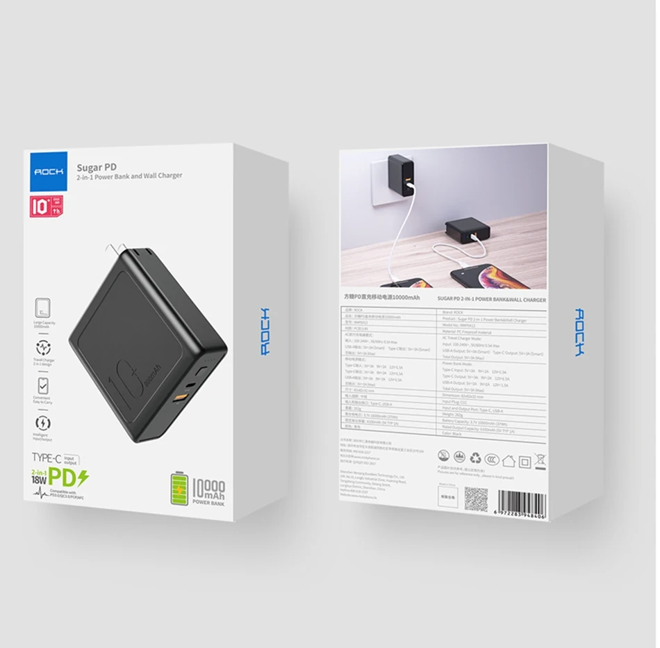 5000/10000 мАч 2 в 1 PD QC3.0 Быстрая Зарядка Внешний аккумулятор с настенным USB зарядным устройством для iPhone samsung ROCK аккумулятор внешний аккумулятор для Xiaomi