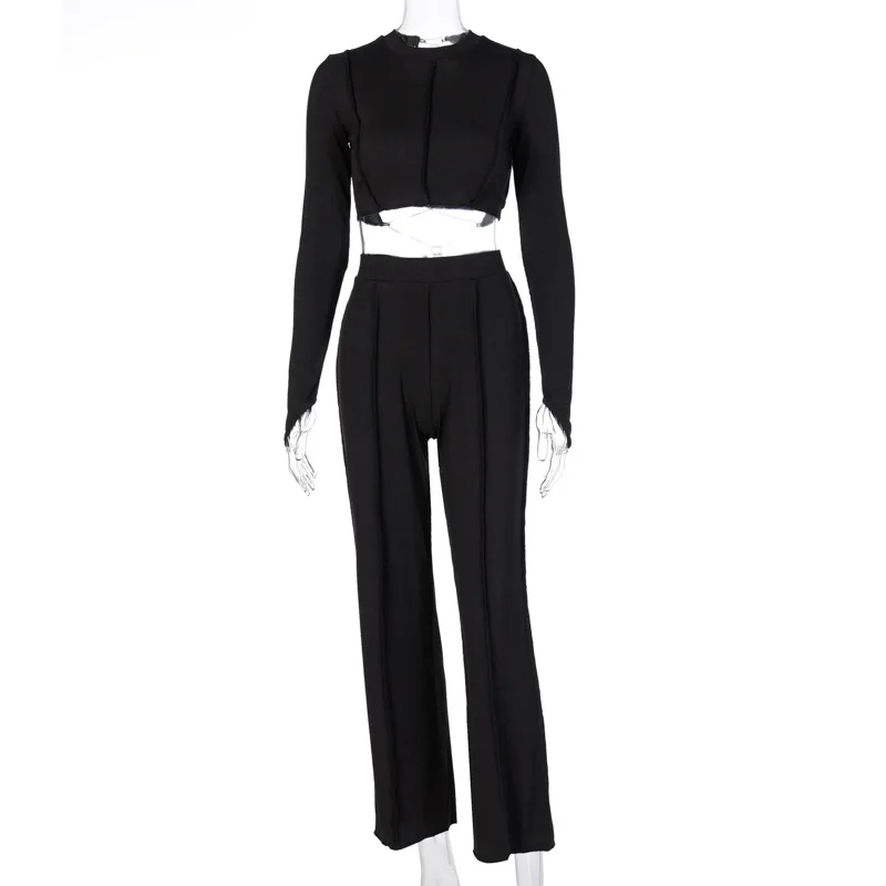 

Sexy Backless Bandage Chain Two Piece Set Women Elegant Knit Rib Long Sleeve Cop Top with Wide Leg Pants Streetwear Women Outfit