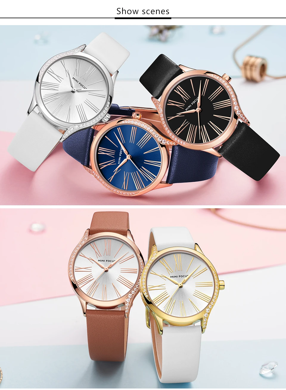 MINIFOCUS, классические, элегантные, синие, кожаные, женские часы, Iced Out, кварцевые, женские часы, водонепроницаемые, простой дизайн, модные, женские часы