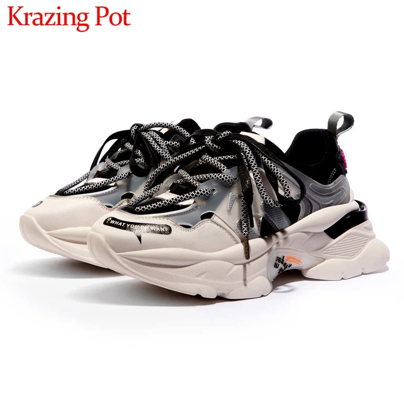 Krazing pot/мягкие белые кроссовки из натуральной кожи с круглым носком и шнуровкой; сезон осень; женская обувь; L79