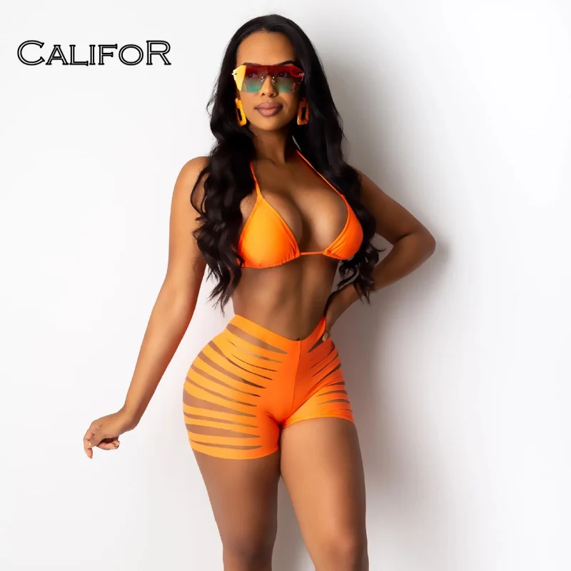 

CALIFOR Halter Strappy Cut Out Solid 2 Pieces Swimming Suits Women 2021 Summer Orange Bikini Causal Candy Color Swimsuit