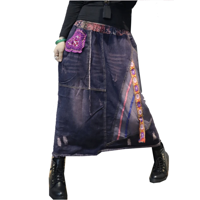 Женские юбки с аппликацией потертые свободные средней длины джинсовые хлопковые