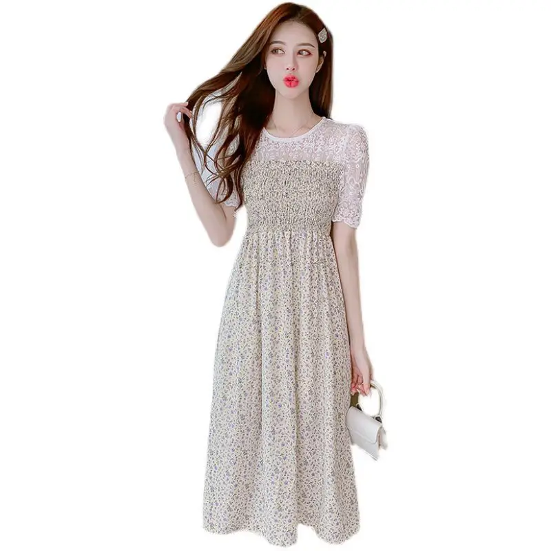 

2021 Women Spring Summer New Elegant Chiffon Vestido Lady Print Short Sleeve High Waist Dress Female Casual Pleated Dresses K153