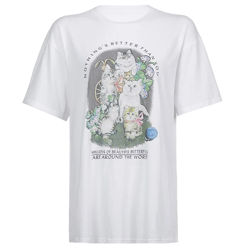 

2021 Women's Kitten Letter Print Loose Slim Medium and Long Short Sleeve T-Shirt Top Girl