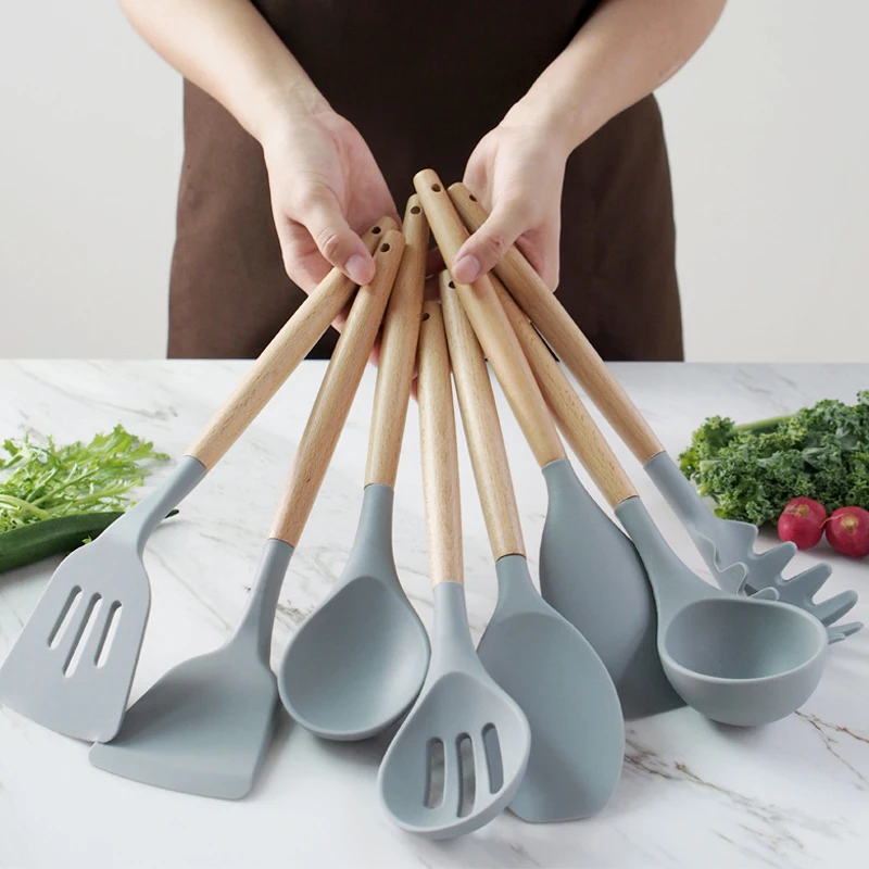 Силиконовая кухонная утварь набор деревянная ручка лопатка суповая ложка