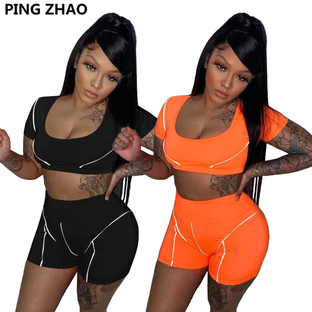 

Женский спортивный костюм-двойка PING ZHAO, комплект спортивной одежды со светоотражающими полосками и шортами, 2021