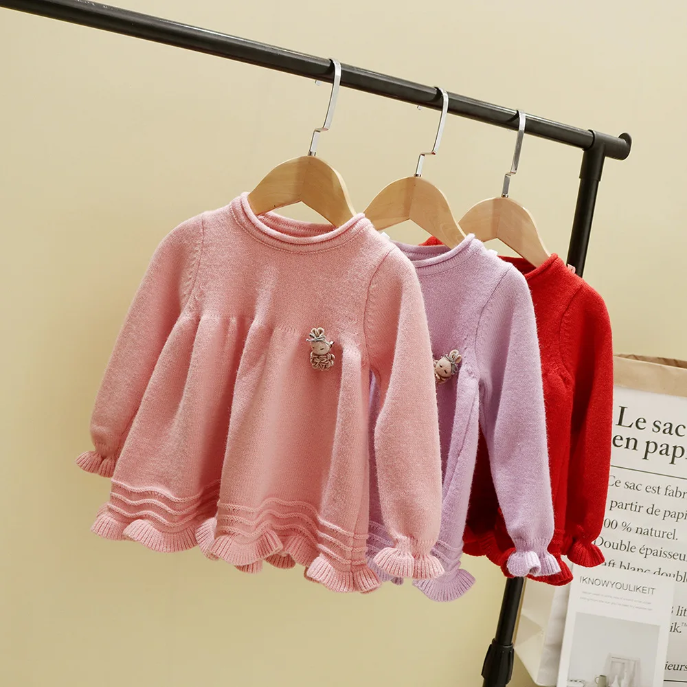 

Children's clothing winter new warm girl sweater cute solid color round neck knitted sweater Children's long-sleeved sweater