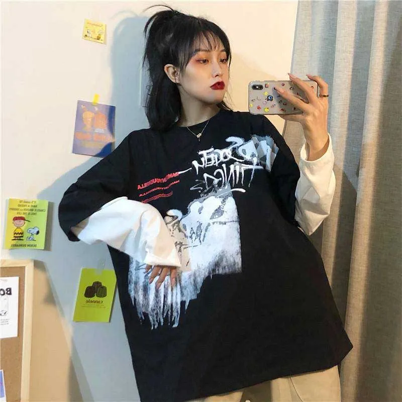 32510black NiceMix Harajuku футболка женская поддельная 2 шт. принт японский Fujiang Ужасы комиксы длинный рукав рубашка Женская Vetement Femme - Цвет: 32510black