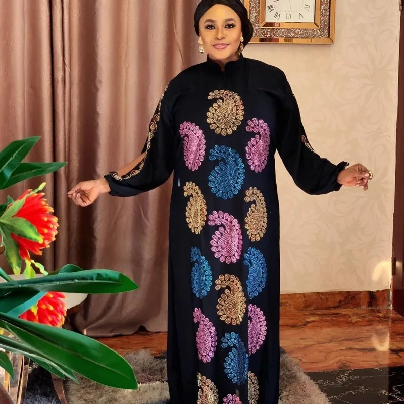 

Bazin Riche African Dresses For Women Full Sleeve Hollow Loose Gowns With Colorful Diamonds Kaftan Dress African Women Clothing