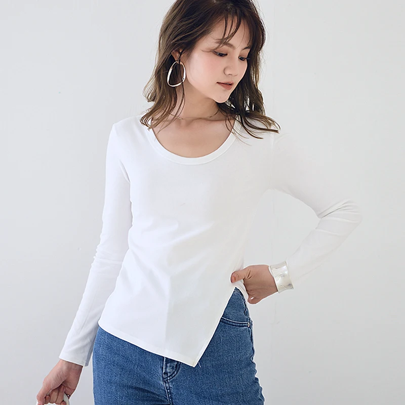Women Solid Slim Round Neck Long Sleeve T-shirt Tees Casual Elasticity Irregular Tops Skinny Bottomed Shirt Warm Basic Blusas