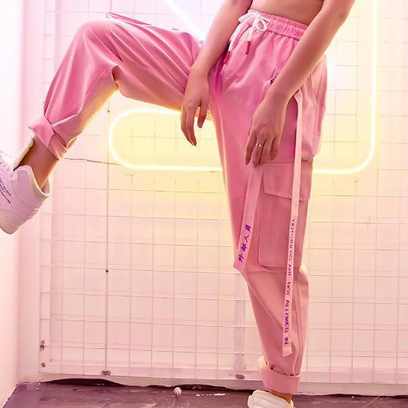 Hip Hop Harajuku Women's Cargo Pants Plus Size Patchwork Lace-up Straight Sweatpants Female Streetwear Sports Trousers