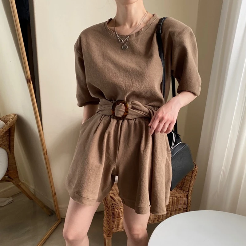 

GALCAUR Casual Pink Two Piece Set For Women O Neck Short Sleeve T Shirt High Waist Wide Leg Shorts Sashes Korean Sets Female New