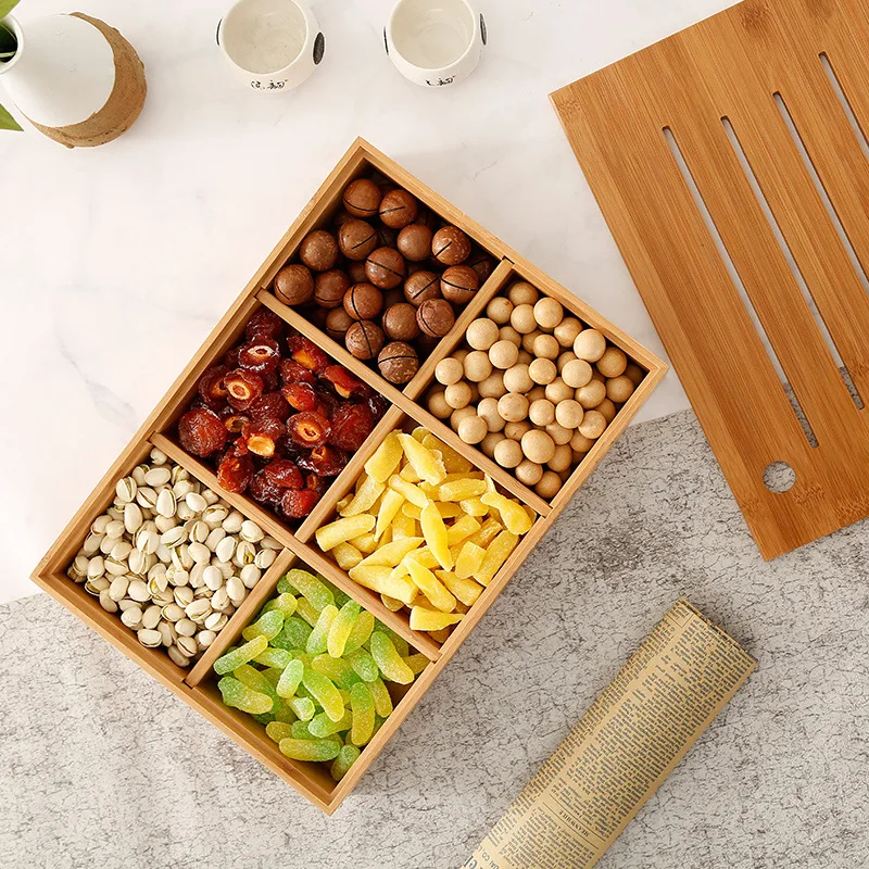 Мульти сетка бамбук твердой древесины сухофрукты лоток отсек с крышкой фруктами