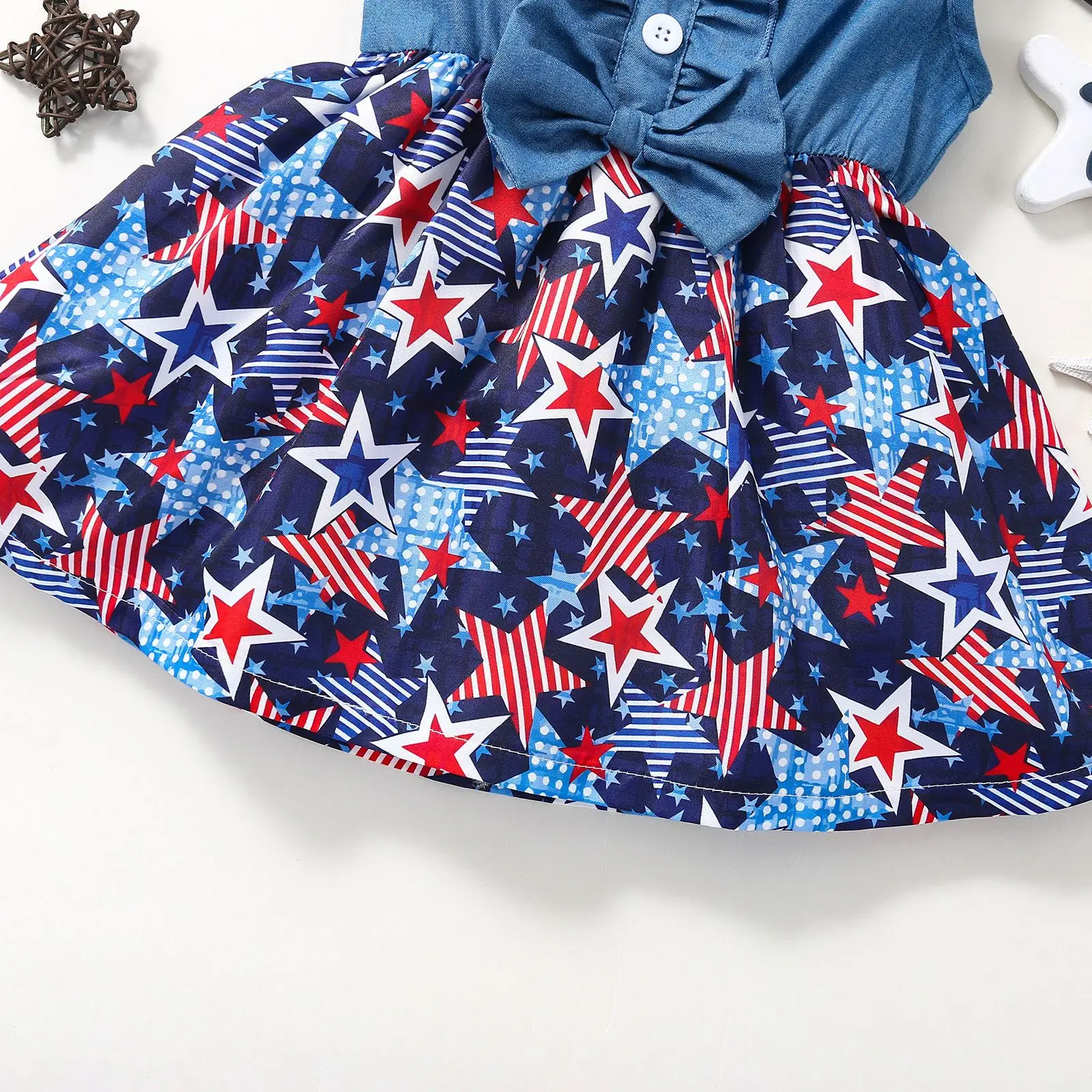 

New Children'S Sleeveless Dress Girls Flower Print Independence Day Clothing Stitching Denim Skirt Baby Girl Print Dress 2021