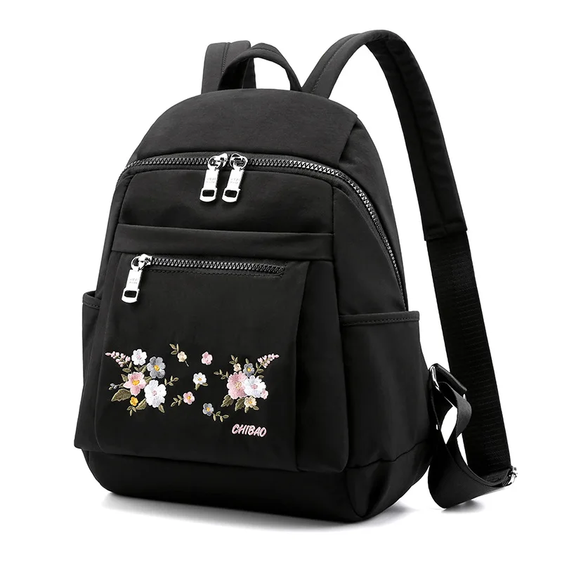 Light Nylon Women Backpack Black Zipper School Bags for Teenage Girls Flower Embroidery Female Rucksack High Capacity | Багаж и сумки