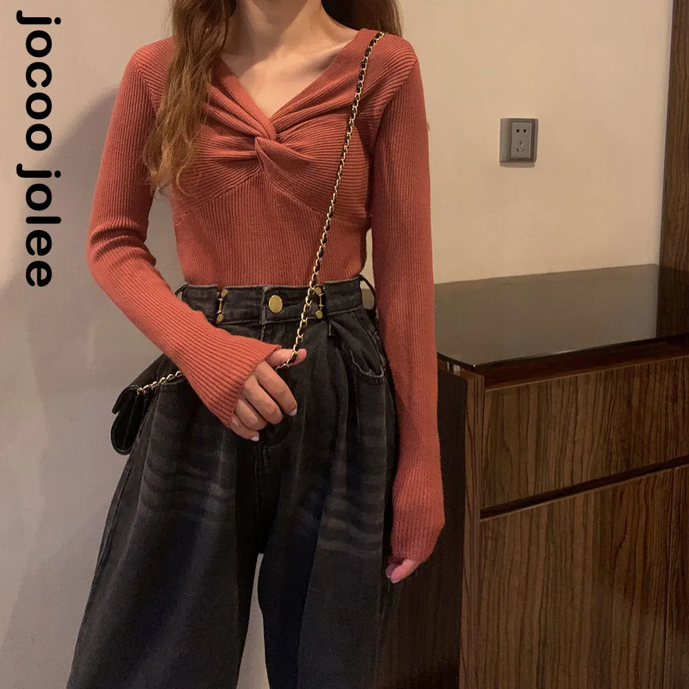 

Пуловер женский однотонный, с V-образным вырезом и длинными рукавами