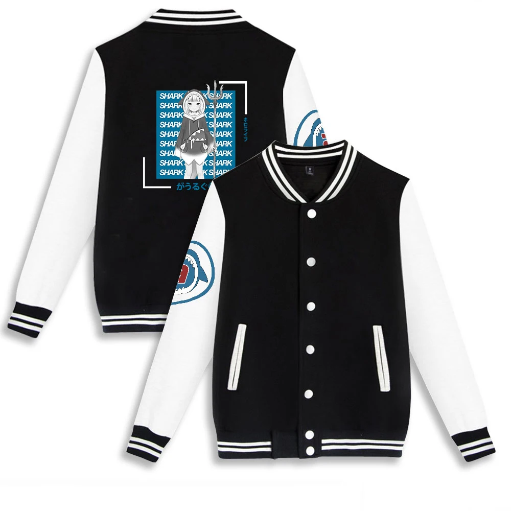 

Gawr Gura Little Shark Japanese Baseball Jacket V-NECK Harajuku Printed Cool Women/men Winter Casual Streetwear 2021 New Coat