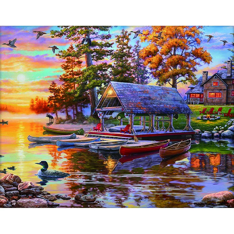 

Diamond embroidery creative products full round diamond sunset riverside diamond painting handmade home decoration mosaic art