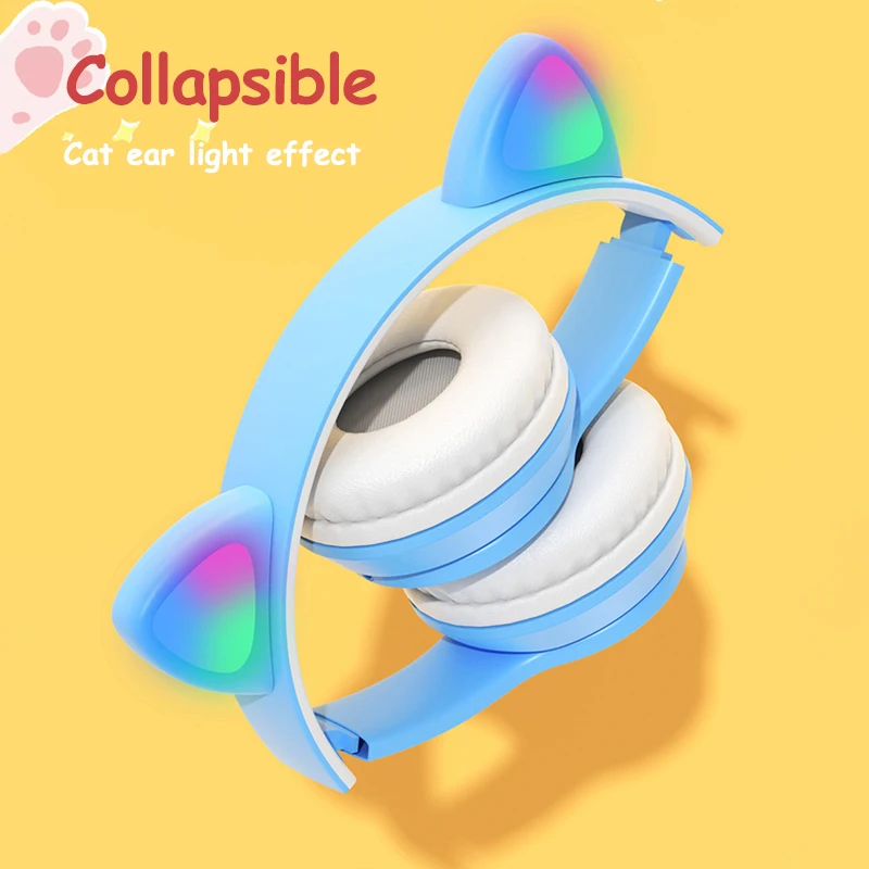 Беспроводные детские наушники RGB с милой кошкой и микрофоном игровые