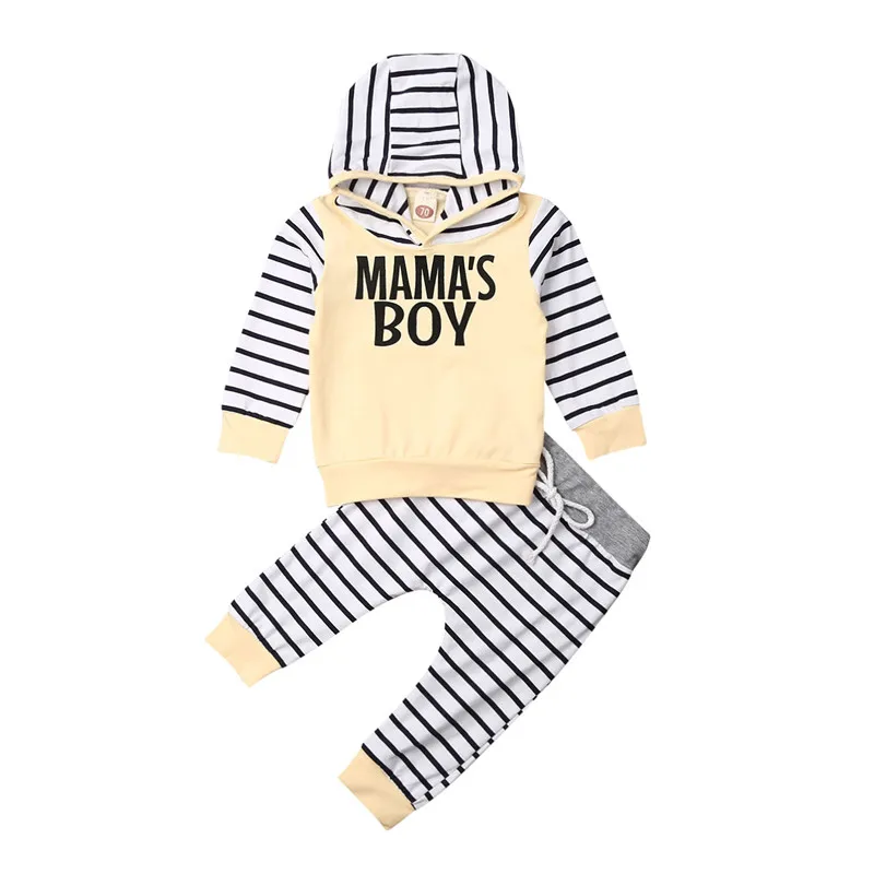

Autumn Toddler Baby Boys Tracksuit Pullover Tops+Pants Clothes Stripe Letters Print Hooded Outfits Set