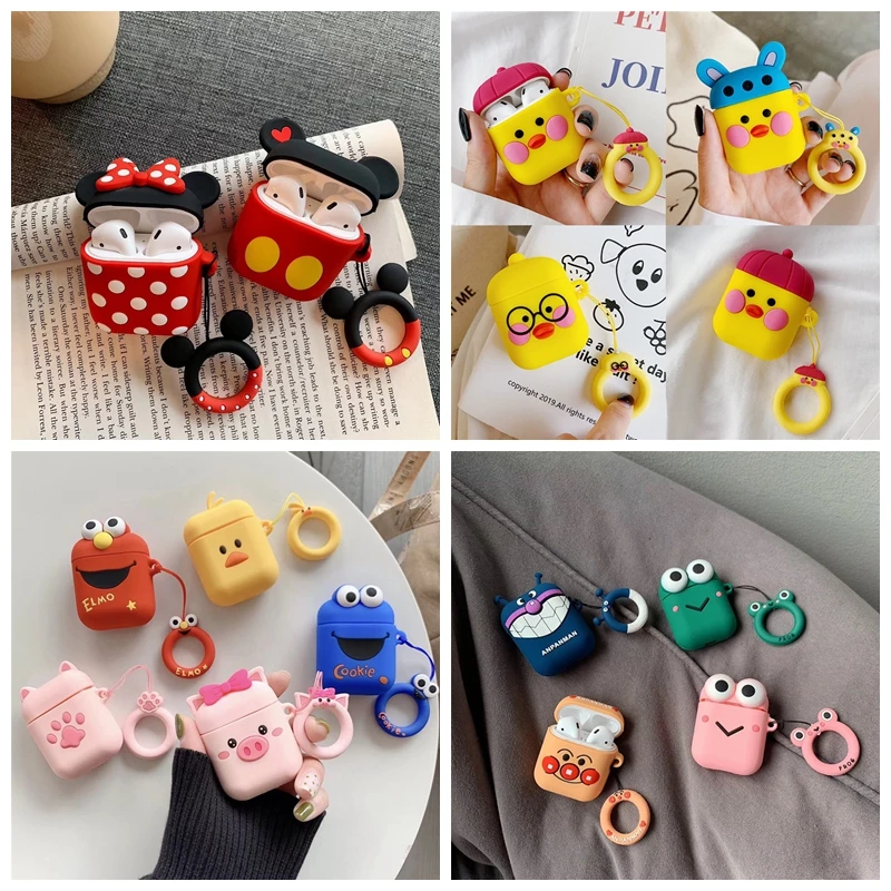 Cute Cartoon Earphone Case For Airpods 2 Cover Soft Silicone Slim Earphone Cover For Airpods Case Bag Protective Strap or Hook