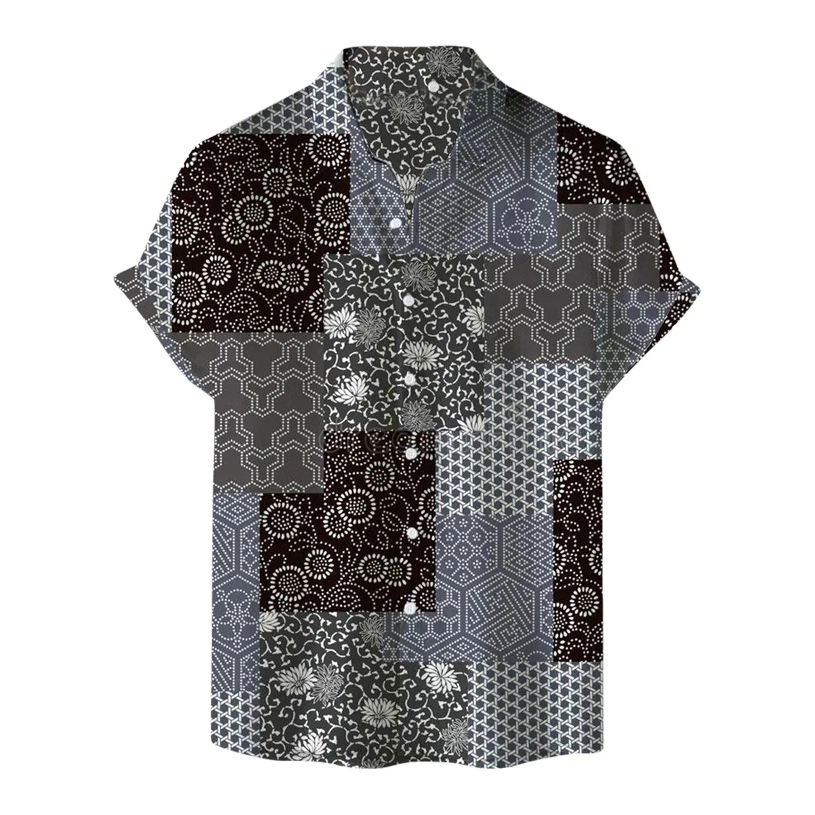 

Linen Short Sleeve Shirt Men Summer Stand-up Collar Printed Ventilated And Cool Short-sleeved Shirts Hawaiian Beach Clothes