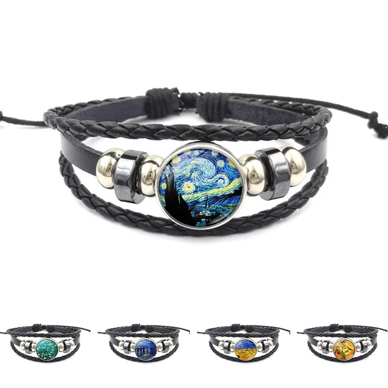 

Van Gogh's Masterpiece Paintings Starry Sky Leather Weave Bracelet Romantic Artworks Sunset Mountain Village Charms Jewelry Gift