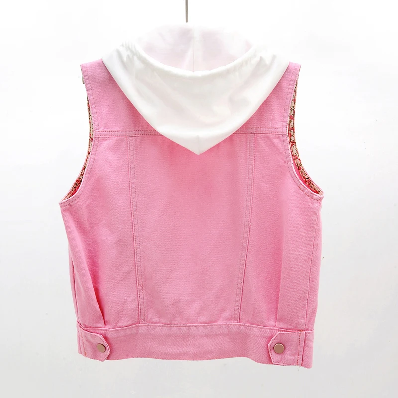 Модный розовый белый жилет женский джинсовый с кружевными вставками Съемная