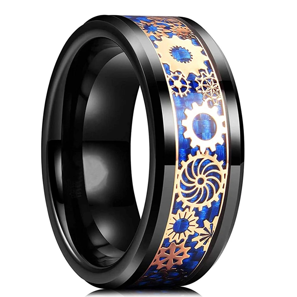 

Vintage Mens Steampunk Gold Gear Wheel Stainless Steel Ring Dragon Inlay Blue Red Carbon Fiber Ring Gothic Men’s Wedding Band