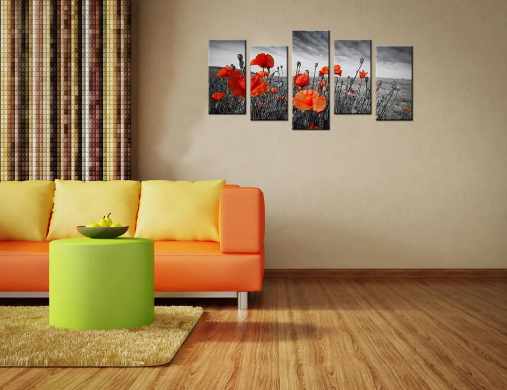 Оранжевый мак плакат Wall Art Печать холст Картина 5 штук цветущие растения домашний