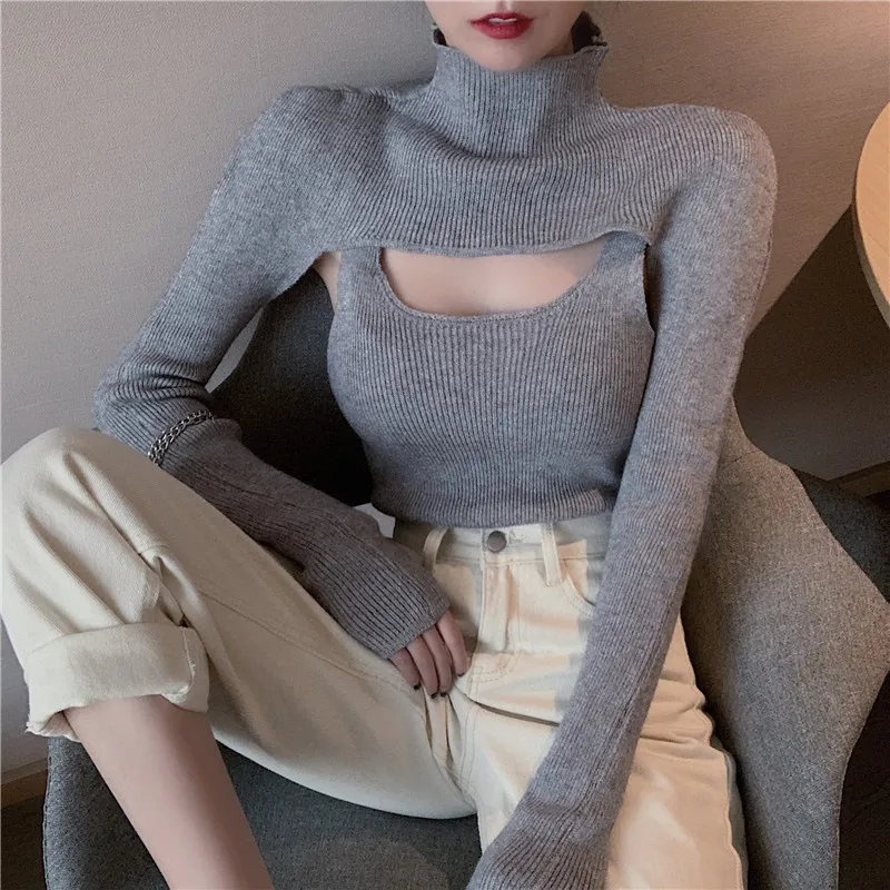 Простые Женские свитера с длинным рукавом и пуловеры комплект из двух предметов