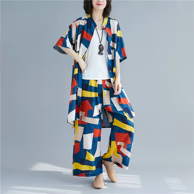 

IEQJ Oversize 2021 Summer Fashion Round Collar Hit Colors Shirt And Elastic Patchwork Pants Women Two Piece Set Women 3AJ09309