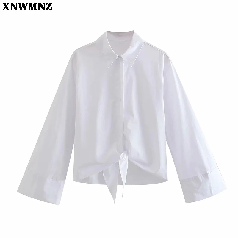 

XNWMNZ Women Fashion White poplin shirt with tied Female cotton long cuffed sleeves asymmetric hem button-up collared shirt top