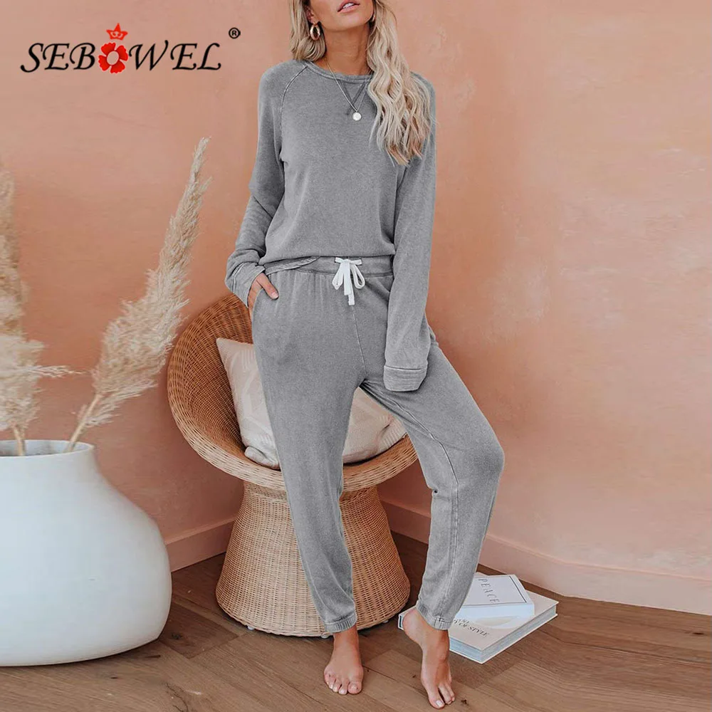 

SEBOWEL Female Casual Long Sleeve Loungewear Jogging Sports Suit Woman's Two Pieces Sets Autumn Spring T-shirt Pants Outfits