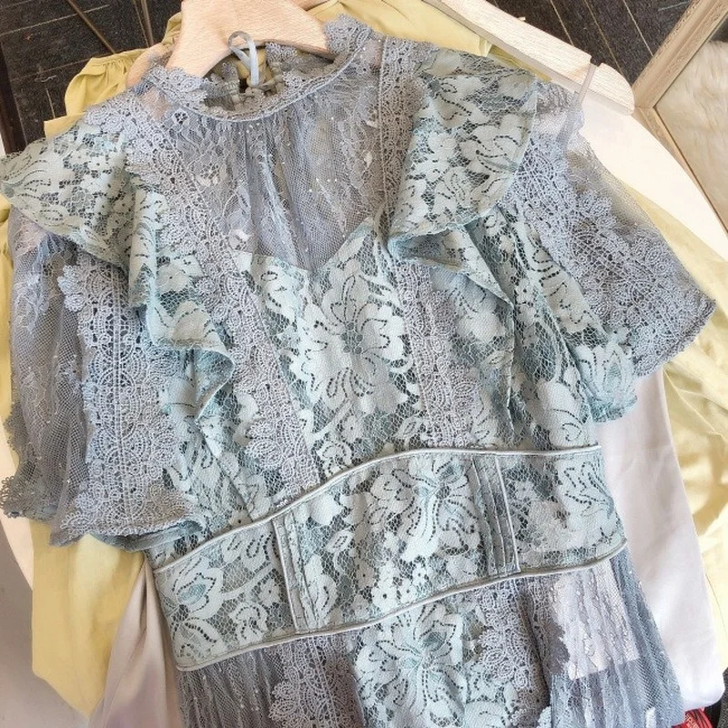 

New Temperament Lace Woman Dress Elegant Ruffles Patchwork Dresses for Women Party 2021 Summer Short Sleeve Vestido De Mujer